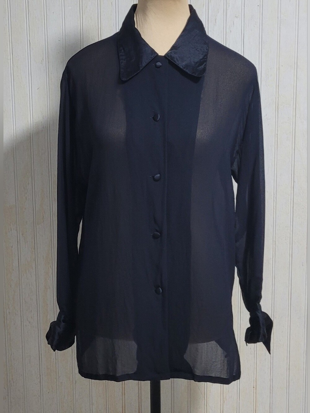 Barry Bricken Vintage Dark Navy Blue 100% Silk Sheer Blouse Satin Collar Cuff M